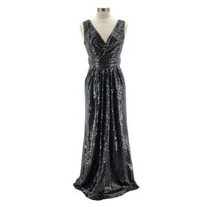 NWT Kate Kasin Sequin Long Sleeveless V-neck Black Maxi Dress Evening Gown Sz 8
